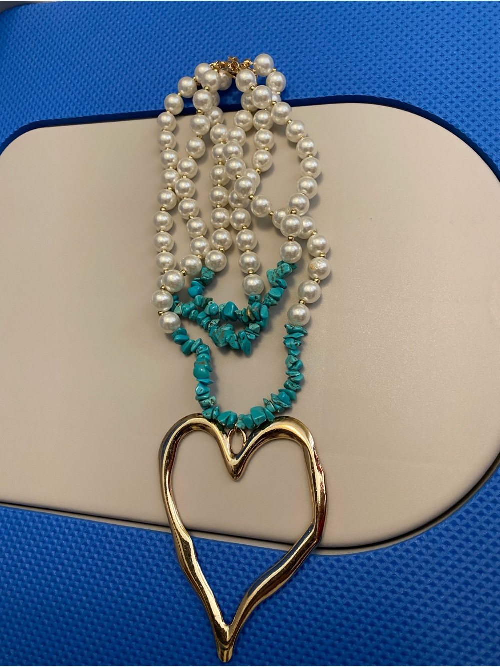 Pearl & Turquoise Beaded Heart Pendant Necklace - silvertone/goldAccent